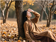 树林秋日长衫美女摄影图片