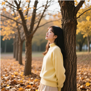 秋天树林黄色羊毛衫美女写真图片
