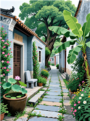 卡通插画风格岭南古巷摄影图片