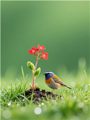 春天绿色草地野花小鸟摄影图片