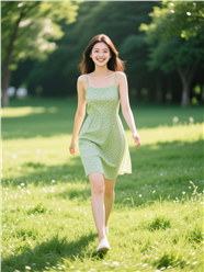 春天草地绿色吊带裙美女性感图片