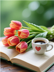 一束橙色郁金香花书籍咖啡摄影图片