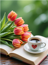 橙色郁金香书籍咖啡摄影图片