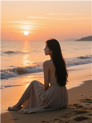 日暮黄昏海边沙滩看落日的美女图片