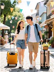 夏日街头旅行情侣摄影图片