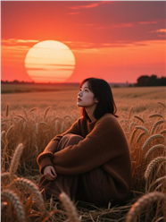 日暮黄昏麦田美女摄影图片