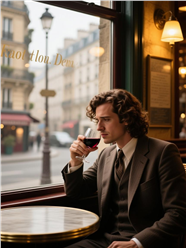 窗边品红酒的卷发帅哥图片