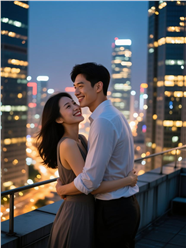 璀璨城市夜景摩天大楼天台情侣图片