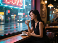 雨夜街角咖啡厅喝咖啡的美女图片