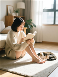 坐在地垫上看书的美女图片