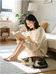 坐在米色地毯上看书的美女图片