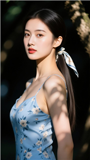 蓝色碎花裙性感美女图片