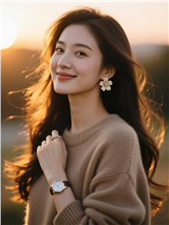 黄昏夕阳余晖浅咖色毛衣美女写真图片