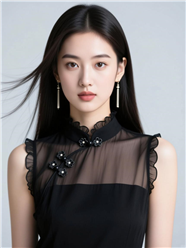 黑色欧根纱盘扣上衣美女写真图片