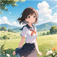 蓝天白云户外动漫女孩插画图片