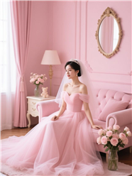 室内粉色婚纱美女写真摄影图片