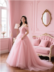 穿着粉色婚纱裙的新娘美女图片