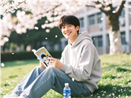 樱花树下看书的帅哥图片