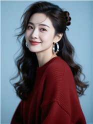 宽松酒红色毛衣卷发美女写真图片