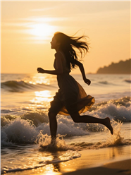 日暮黄昏女孩海边奔跑剪影图片