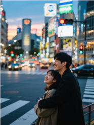 东京街头日暮黄昏情侣街拍图片