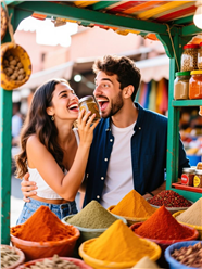 摩洛哥小镇香料摊前的情侣图片