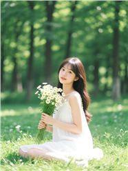 美女树林草地上捧着小雏菊图片