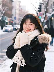 街头穿着羽绒服戴着手套围巾的美女图片