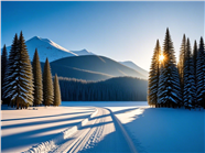 冬季暖阳雪地雪松风光摄影图片