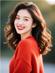 红色羊毛衫长卷发美女写真图片