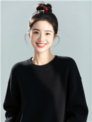 黑色宽松针织圆领衫丸子头美女写真图片