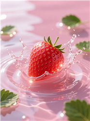 3D渲染风格草莓落入水中摄影图片