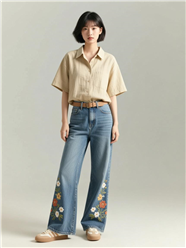 时尚短发阔腿牛仔裤美女写真图片