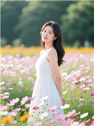 白色连衣裙美女站在花海中图片