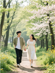 春季林间小路手牵手散步情侣图片