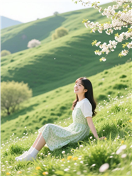 春天山坡草地美女写真摄影图片