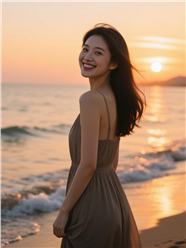 海边黄昏回眸一笑美女写真图片