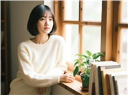 倚靠在窗边的米色毛衣美女图片