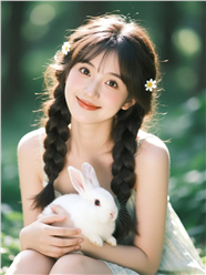 抱着可爱小白兔的森系美女图片