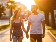 夏日街头黄昏夕阳余晖情侣牵手图片