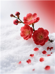 白色雪地上的红色腊梅图片