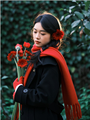 戴着红色围巾的美女图片