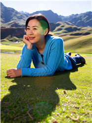 趴在高山草地上的羊毛衫美女图片