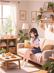 坐在沙发上的卡通少女图片