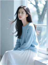 白色半裙蓝色针织衫美女坐在落地窗图片