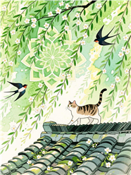 水墨晕染风格春日猫咪燕子插画图片