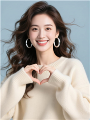 米色宽松针织衫手比爱心美女图片