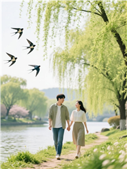 春暖花开情侣河边漫步踏青图片