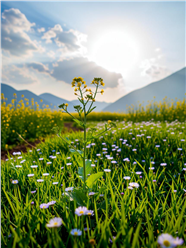 春天蓝天白云田野花草植物风景图片