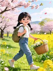 春日踏青女孩卡通插画图片